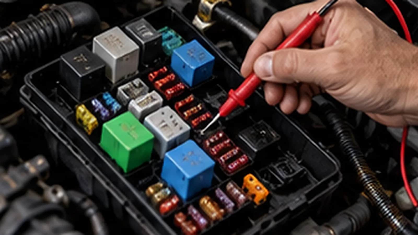 A multimeter probe testing a vehicle fuse box