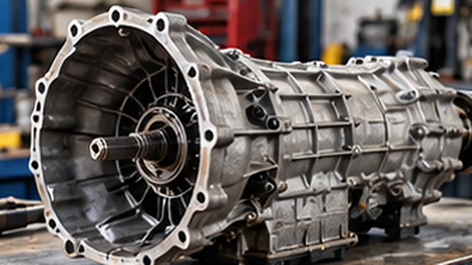 A vehicle transmission on a workshop bench